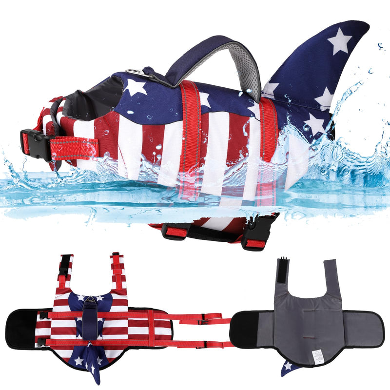 TDTOK Dog Life Jacket Shark Fin American Flag Pattern with Rescue Handle and Reflective Stripes Suitable for 4th of July, High Buoyancy Life Safety Vest for Dogs Swimming and Boating X-Small - PawsPlanet Australia