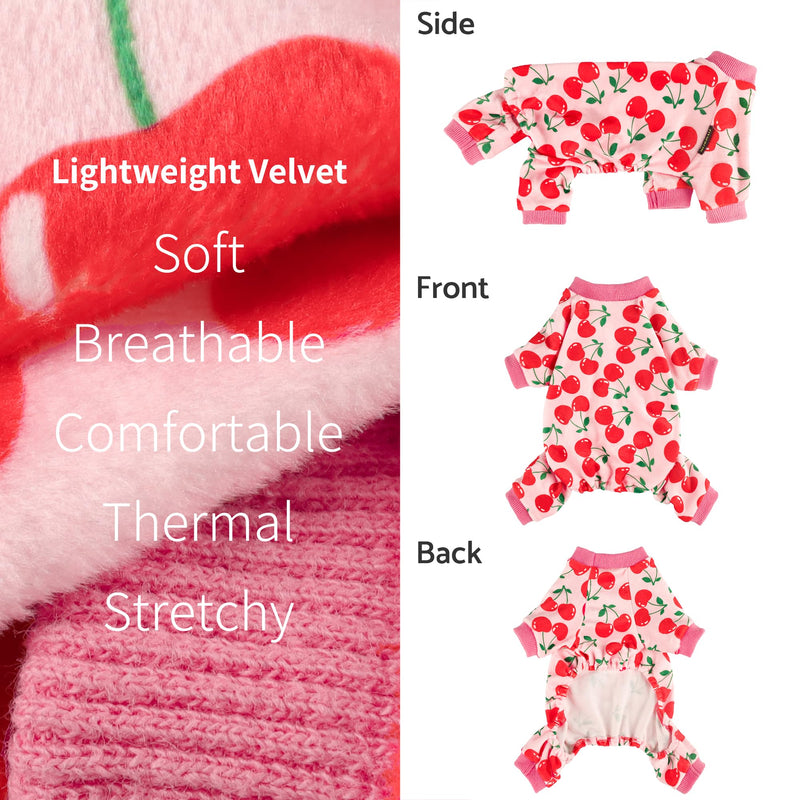 Fitwarm Cute Cherry Dog Pajamas, Warm Dog Onesie with Feet, Dog Clothes for Small Dogs Girl, Fleece Pet Outfit, Pink, Red, Medium