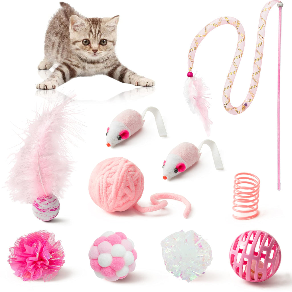 MALLMALL6 10Pcs Cat Toy Set Interactive Cat Toys Pack Including Feather Teaser Wand Cat Springs Mice Crinkle Balls and Pet Bell Balls, Puzzle Toys for Indoor Cats Gift (Pink) Pink