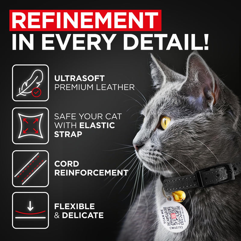 Leather Cat Collar with Bell and Safety Elastic Strap Breakaway Alternative for Small & Large Kittens, Stylish Pet Leather Collar for Boy, Girl Cats with Metal Buckle & QR ID Tag (Black) 8" - 12" Black - PawsPlanet Australia