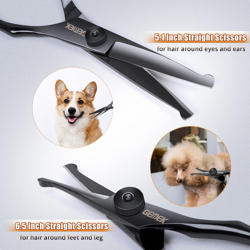Dog Grooming Scissors Kit with Safety Round Tips, GEMEK Professional 6 in 1 for Dogs, Heavy Duty Titanium Coated Pet Scissor Cats and Other Animals (Black) (GD0051) Black 6 in 1 - PawsPlanet Australia