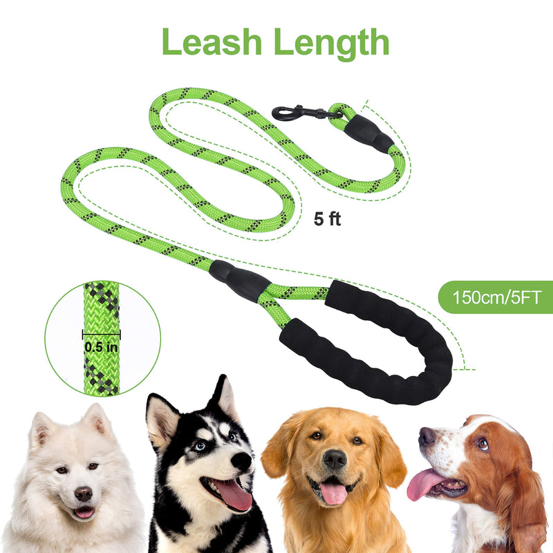 5ft 1/2in Strong Green Dog Leash - Highly Reflective Heavy Duty Rope Leash with Soft Padded Anti-Slip Handle - for 18-120 lbs Dogs 1/2" x 5 FT(18~120 lbs.) Light Green - PawsPlanet Australia