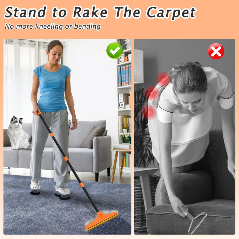 Carpet Rake for Pet Hair Removal - Reusable Pet Hair Remover, 60” Adjustable Long Handle Cat Dog Carpet Rake Scraper, Dog Hair Rake Brush for Rugs, Mats, Couch 60” Orange - PawsPlanet Australia
