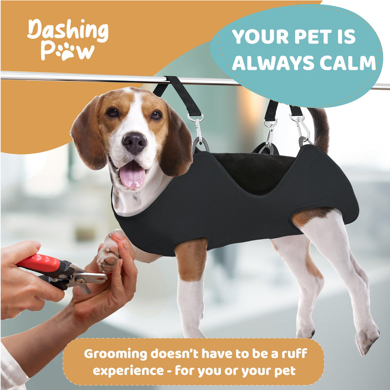 Dog Grooming Hammock – Sturdy & Safe Dog Hammock for Grooming with Durable Carabiner Clips & Straps – Soft, Comforting Dog Grooming Harness – Pet Grooming Hammock + Nail Trimmer for Large Dogs Large - Up to 65 Pound Black - PawsPlanet Australia