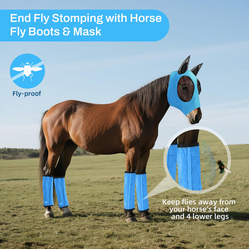 Horse Fly Boots & Horse Fly Mask Set of 5, Mesh Ventilated Fly Boots for Horses, Adjustable and Universal Fit for 4 Legs, Comfort Fly Masks for Horses, Stomp-Reducing (Blue)