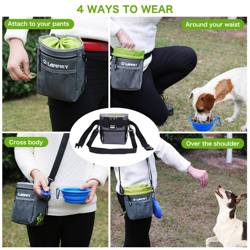 Dog Treat Pouch - 3 Ways to Wear Dog Treat Bag, Dog Training Treat Pouches for Pet Training with Clicker, Shoulder Strap, Adjustable Belt, Poop Bag Dispenser, Easily Carrying Kibble Snacks Pet Toys Pouch(Gray with Green)+Clicker