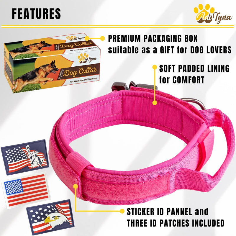 ADITYNA Premium Dog Collar with Metal Buckle - Tactical Dog Collar - Soft Padded, Heavy Duty, Adjustable Dog Collar with Handle for Training and Walking L Pink - PawsPlanet Australia