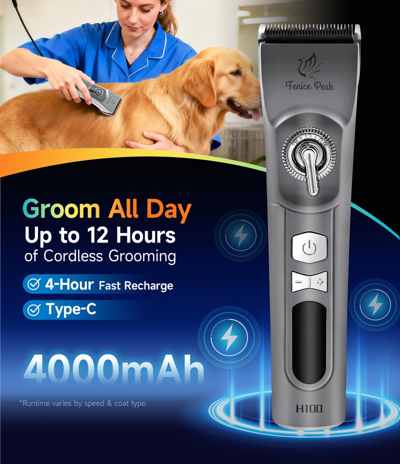 Professional Cordless Dog Grooming Clippers, 12-Hour Runtime, Replaceable 440C Stainless Steel Blade, 3-Speed Quiet Electric Pet Hair Trimmer for Thick, Curly & Matted Coats, Groomer & Home Use, Grey Clipper+10FC Blade