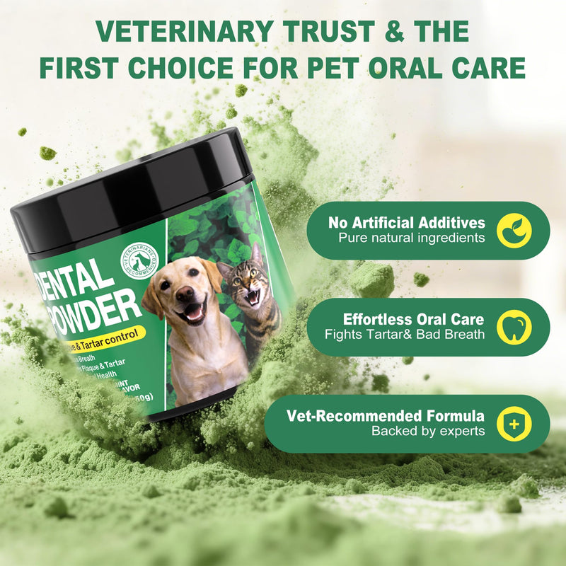 Dog Dental Powder for Teeth Cleaning - Fresh Mint Breath Freshener & Teeth Cleaner - Plaque & Tartar Remover Food Topper - No Brushing Oral Care Support for Bad Breath Control (150g)