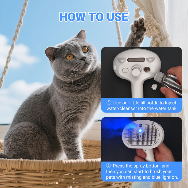 Cat & Dog Steam Brush for Shedding, Pet Hair Removal Tool with Spray, Anti-static Comb & Brush for All Pets, White - PawsPlanet Australia