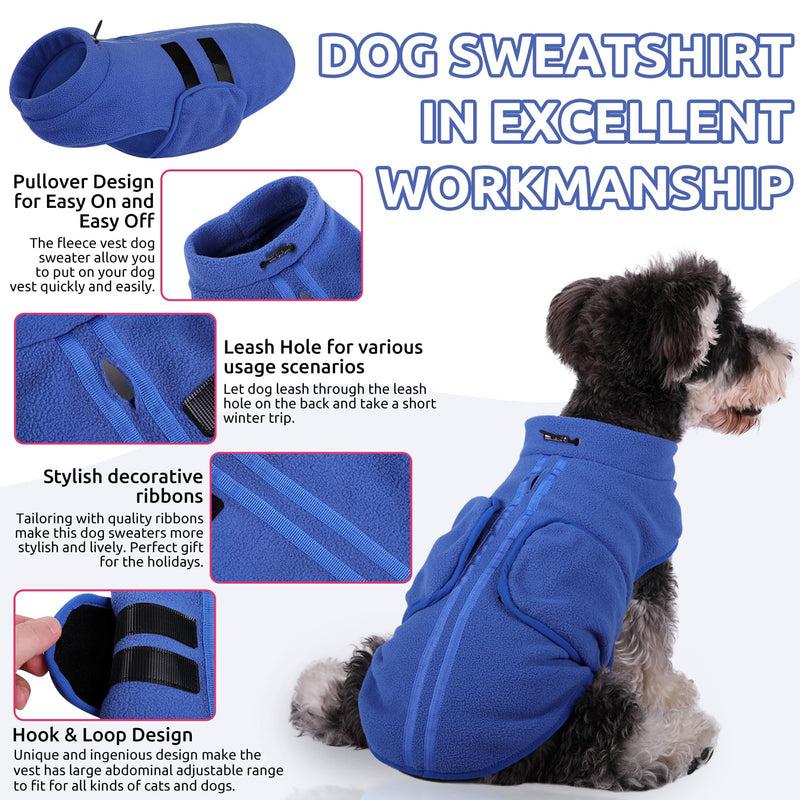 Queenmore Small Dog Sweater, Soft Fleece Vest Pullover Dog Jacket with Leash Hole, Warm Winter Dog Coats Cold Weather Doggy Dachshund Sweaters for Small Dogs Cats Boy or Girl (Blue, S) Blue