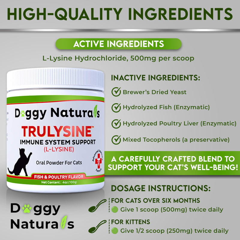 Trulysine L-Lysine for Cats Immune Support Oral Powder 4oz/100g - Cats & Kittens of All Age, Sneezing, Runny Nose Squinting, Watery Eyes - Fish & Poultry Flavor (U.S.A)(100 Grams ( 500mg / Scoop)) 100 Grams ( 500mg / Scoop)