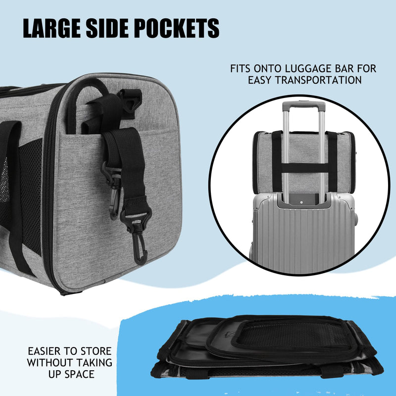 Pet Carrying Case - Dog and Cat Carrier Soft-Sided Bag, Airline Approved for Travel Up to 15 Lbs, Collapsible for Medium and Small Pets (Grey&Black, 17 * 11 * 11) grey&black 17*11*11 - PawsPlanet Australia