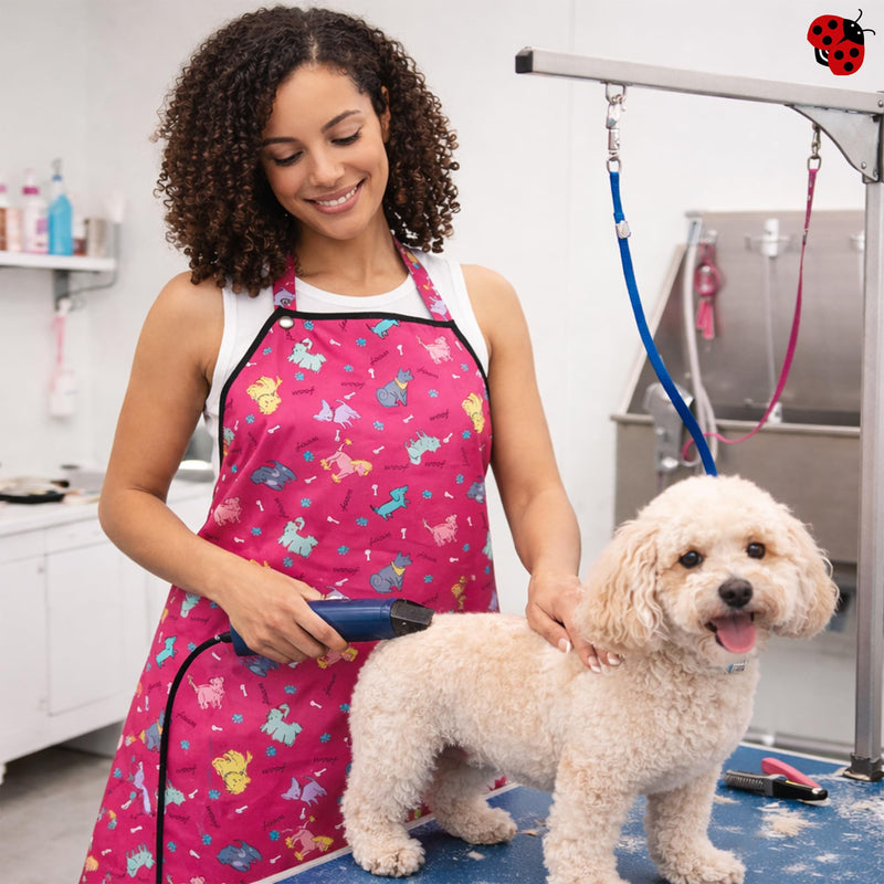 Ladybird Line 609 Pink Dog Waterproof Grooming Apron, Hair Bleach Resistant, Adjustable Neck Band, Breathable Mesh Lining - PawsPlanet Australia