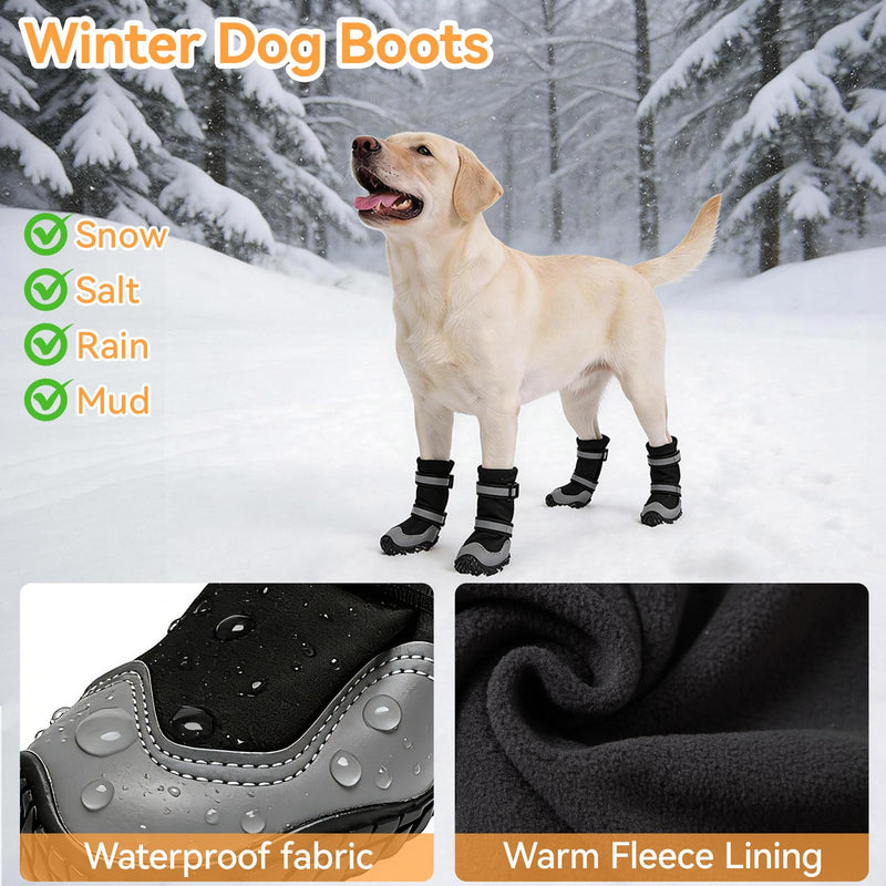 Dimicoo Dog Shoes,Waterproof Dog Boots for Winter,Anti-Slip Dog Snow Booties for Large Small Medium Dogs,Reflective Paw Protectors for Outdoor Walking Hiking Black(Waterproof) 4# (Insole Width 2.2″) for 33~44lbs