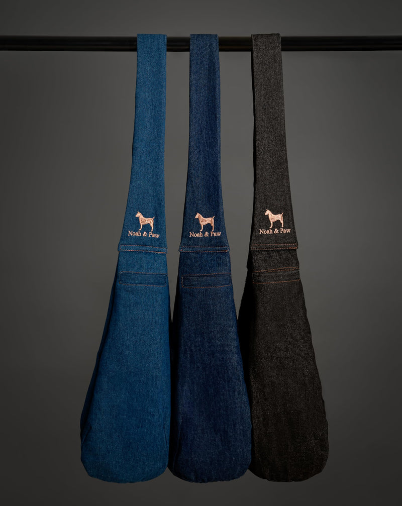 Noah & Paw Dog Sling Carrier for Small Dogs 5-18lb, Dog Sling for Small Dogs and Cats, Dog Carrier with Adjustable Padded Strap, Premium Denim, Lined with Fur, Double Safety Feature, Machine Washable Dark Blue 18.0"L x 10.0"W x 6.5"H - PawsPlanet Australia