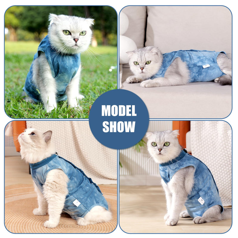 Cat Recovery Suit for Male and Female Surgical Post Surgery Soft Cone Onesie Tie Dye Cats Shirt Clothes Neuter Licking Protective Diapers Outfit Cover Kitten Spay Collar Alternative(Navy Blue, M) Medium Navy Blue