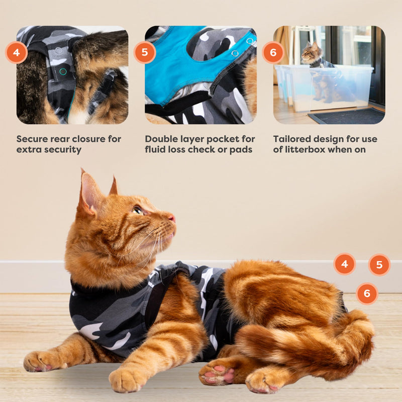 Suitical Recovery Suit for Cats - Spay and Neutering Cat Surgery Recovery Suit for Male or Female - Soft Fabric for Skin Conditions - XS, Neck to Tail 15.7-17.7 in, 18-24 in Chest - Black Camouflage