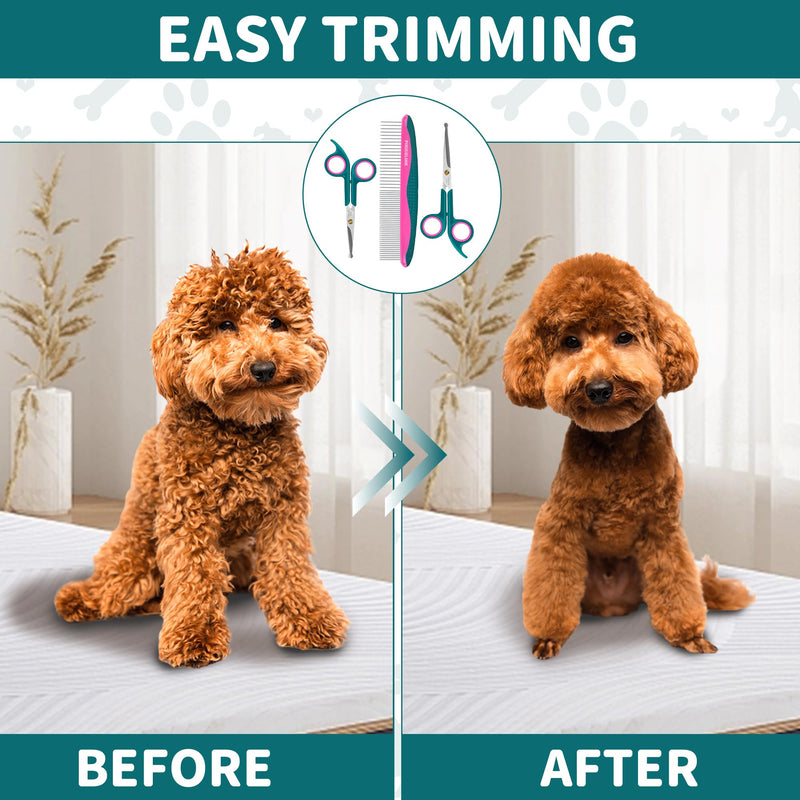 Pet Grooming Scissors Kit, Dog Grooming Shears with Stainless Steel Rounded Tip Blades for Safe Fur Trimming for Dog, Cat, Includes Pet Comb (Set of 3) Green 3 in 1 - PawsPlanet Australia