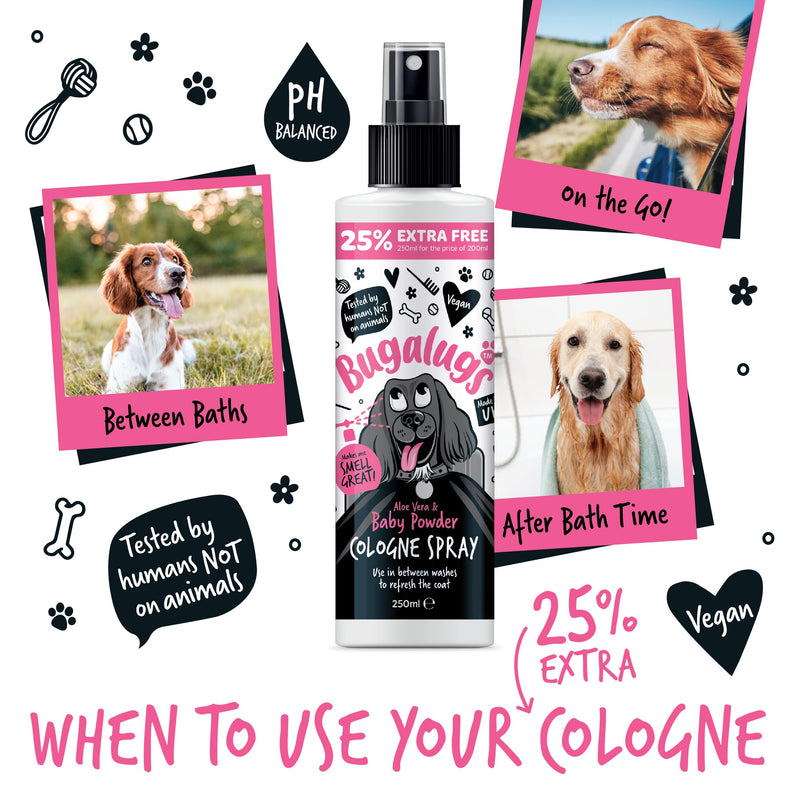 Bugalugs Dog Perfume Spray with Aloe Vera & Baby Powder Cologne great Pet Odour Eliminator Deodorant Spray for Smelly Dogs can use as Dry Shampoo