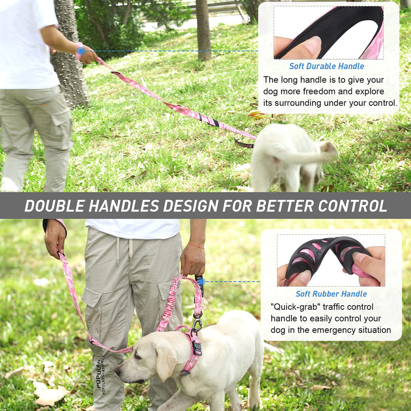 Hotsky Tactical Dog Leash Heavy Duty for Medium Large Dogs That Pull,4-6Ft Strong Bungee Shock Absorbing No Pull Dog Leash with Padded Double Handle and Car Seatbelt,Pink Camo Medium / Large Pink Camo - PawsPlanet Australia