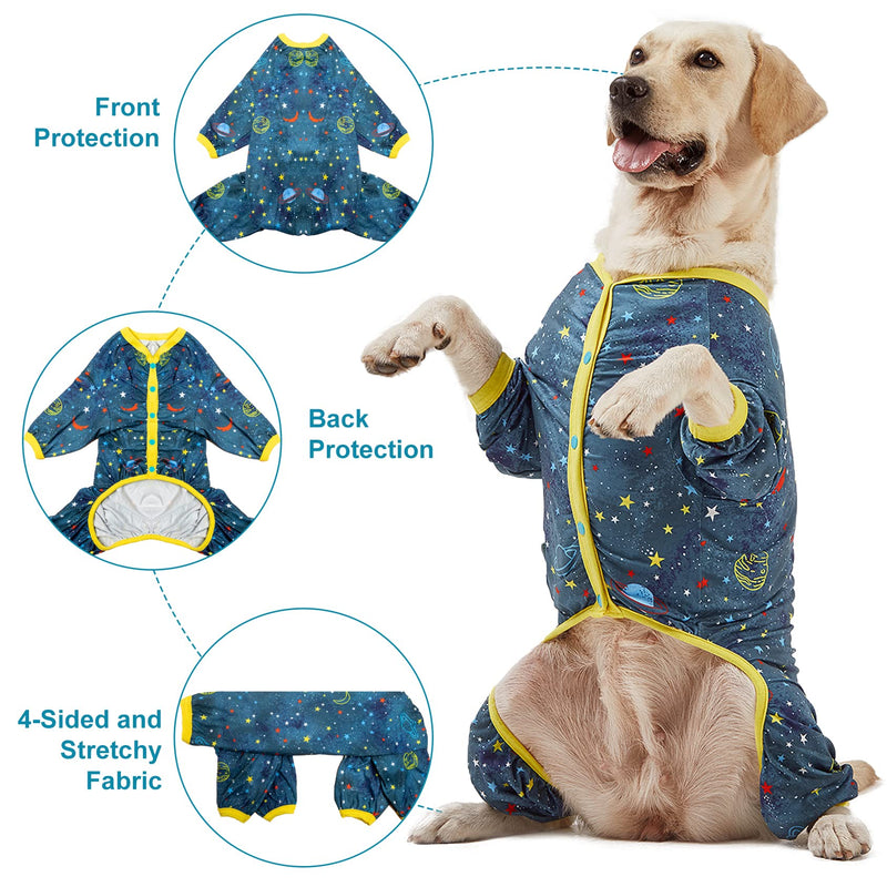 LovinPet Large Dog Surgery Recovery Shirt, Undershirt for Dog Coats, Anti Licking, Pitbull Clothes, Pet Anxiety Onesies, Navy Space Print, Pet Pajamas for Dogs, Pitbull Onesie, L Yellow collar/Blue