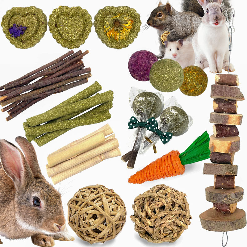 Rabbit Chew Toys Guinea Pig Toys Bunny Toys Natural Timothy Hay Sticks Hamster Chew Toys for Teeth and Apple Sticks for Rabbits chinchilla ball Gerbil Toys Set 1