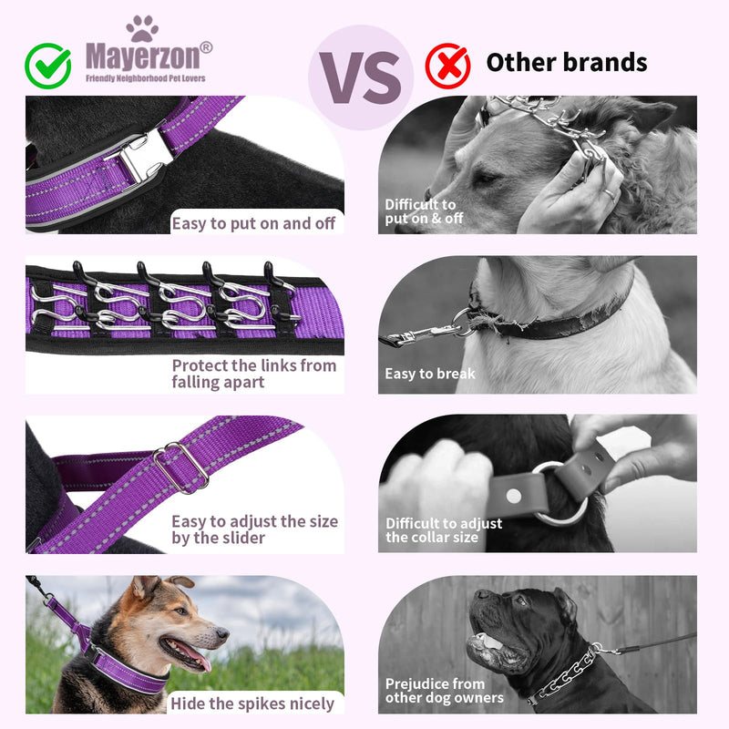 Mayerzon Prong Collar for Large Medium Dogs, Patented Reflective Pinch Collar with Metal Buckle, No Pull Adjustable Hidden Covered Dog Walking Training for Pitbull German Shepherd Doberman(Purple, L) Purple Large: 15''-22''