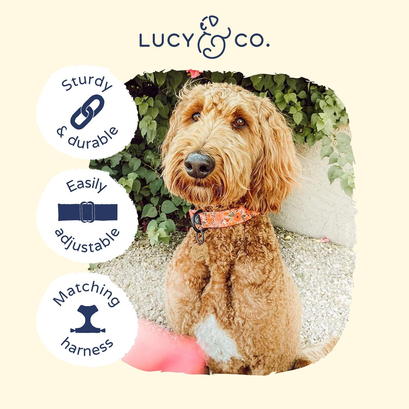 Lucy & Co. Posy Pink Dog Collar - Durable Lightweight Designer Collar for Pets - Adjustable Metal Safety Buckle - Coral Pink Floral - Medium - PawsPlanet Australia
