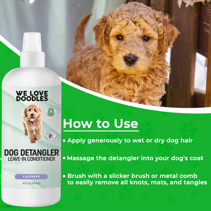 We Love Doodles Large Dog Slicker Brush & Detangler Spray Lavender - Dog Brush for Long Haired Dogs, Goldendoodles & Doodles, Tangle Remover, Dematting Spray & Leave in Conditioner for Dogs, 16 oz - PawsPlanet Australia