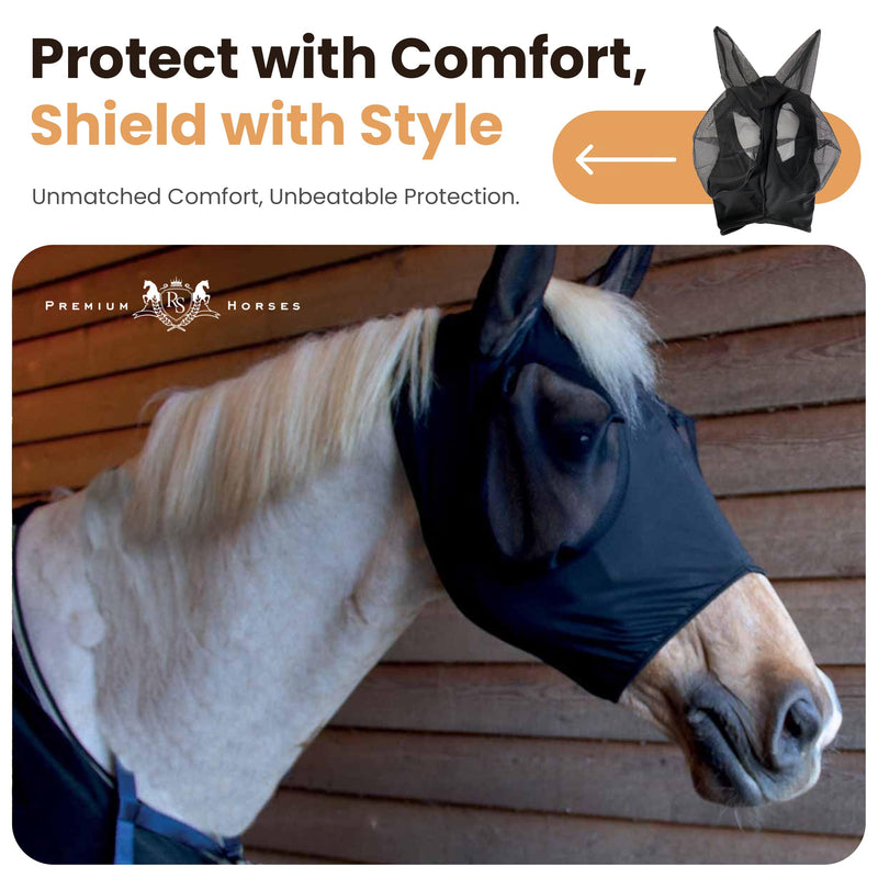 Soft Nylon Micromesh Horse Fly Mask | Fly Masks for Horses with Ears | Horse Fly Mask with Ears | Protection from Sun’s UV Rays | Comfortable Fly mesh mask with Breathable & Stretchy (Black Medium) Black - PawsPlanet Australia