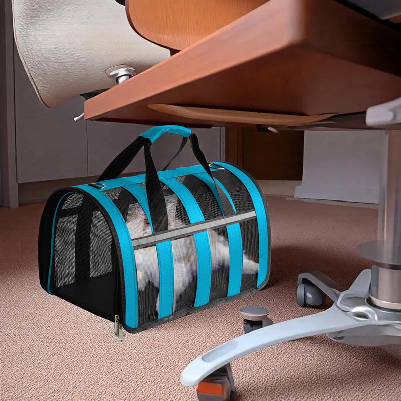 Airline Approved Cat Carrier for Small & Medium Pets up to 15 Lbs, Soft-Sided Collapsible Travel Carrier with Breathable Mesh, Lightweight & Portable Design Blue 16.4''Lx10.3''Wx9.4''H - PawsPlanet Australia