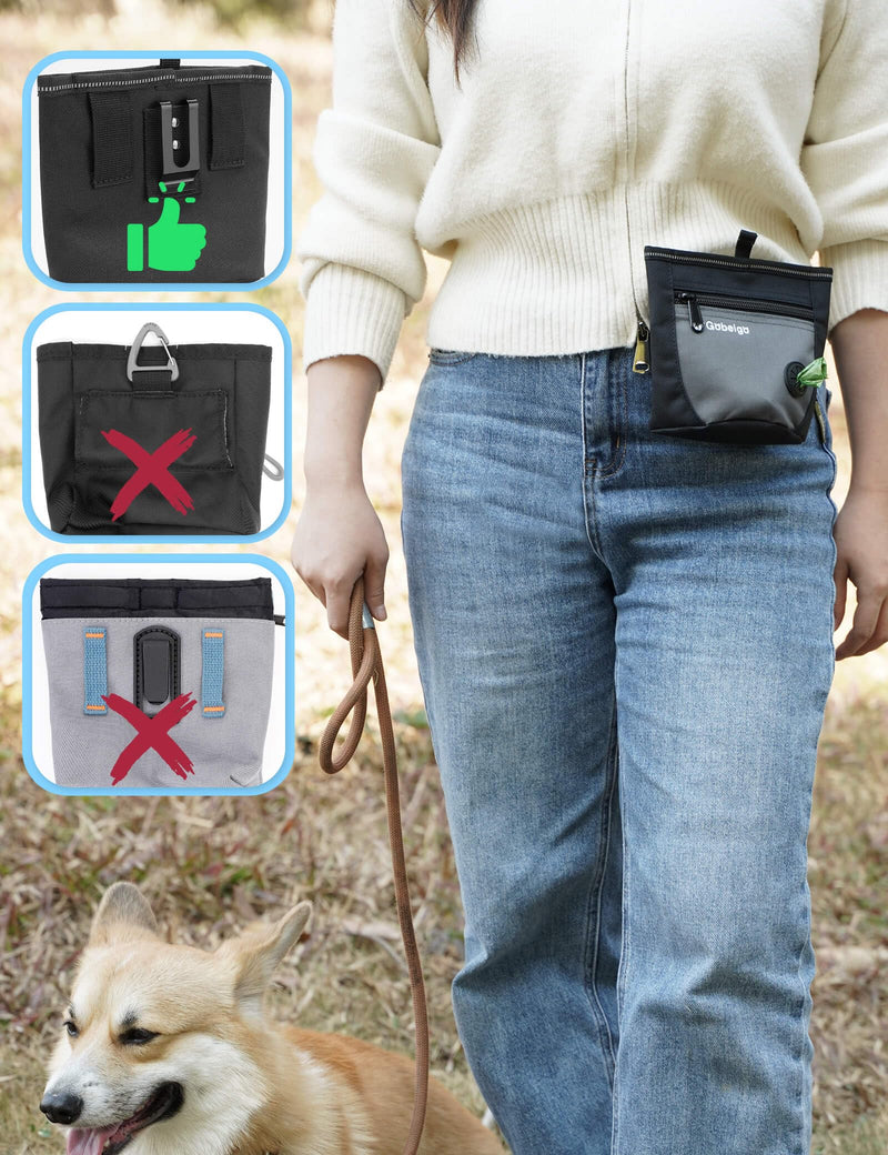 Dog Treat Pouch and Training Clicker, Upgrade Two Magnetic Closure to Prevent Spills, 2 Cup Treat Bag with Poop Bag Dispenser, Metal Clip Waist Belt Fanny Pack for Pet Walking (Black/Gray) Black/Gray - PawsPlanet Australia
