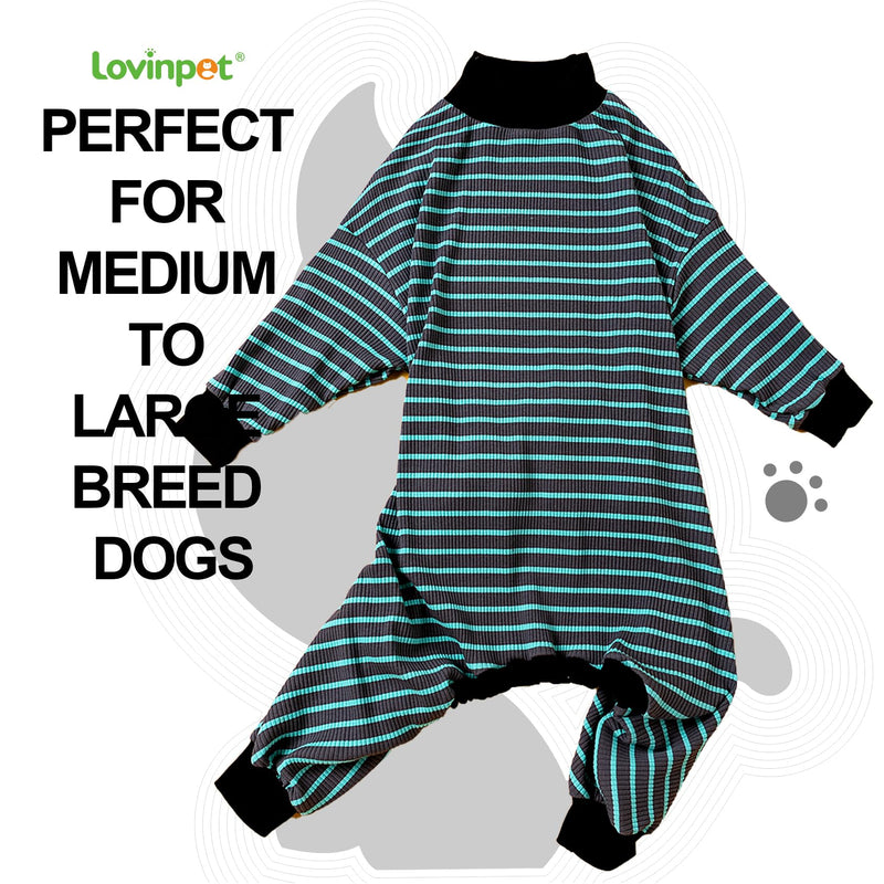 LovinPet Dog PJS Apparel for Large Dogs, Pure Cotton Cyan Blue Stripe Dog Shirt, 4-Legged Design, Full Body Coverage, Pajamas for Pitbulls, Onesies for Dogs, XL X-Large - PawsPlanet Australia