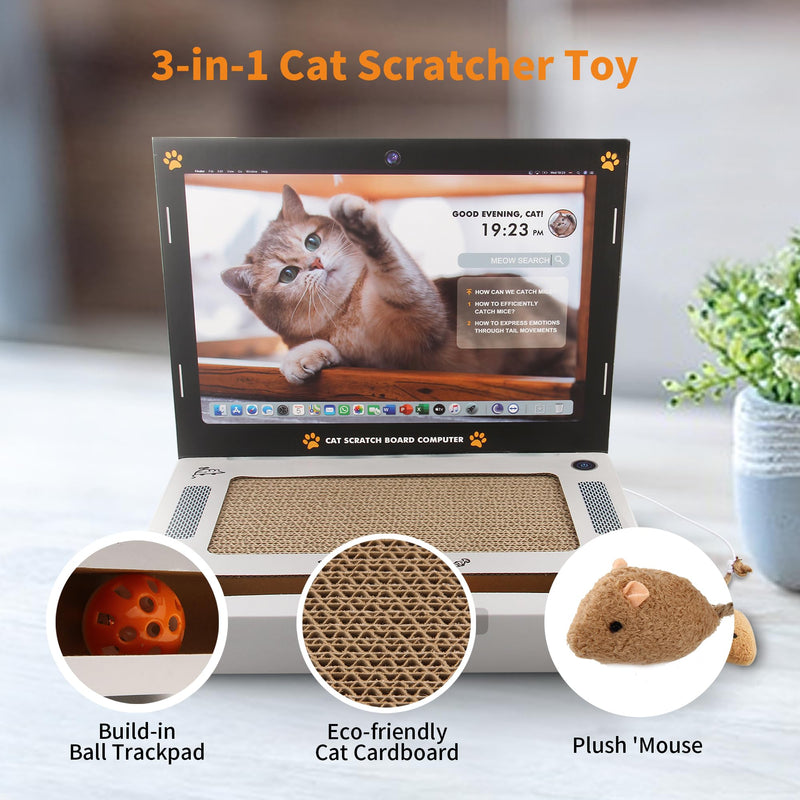 PETGEEK Cat Toys 3-in-1 Laptop Scratcher for Indoor Cats, Interactive Cat Toy with Fluffy Mouse and Ball Track Pad, Kitten Toys & Cat Scratching Board - PawsPlanet Australia