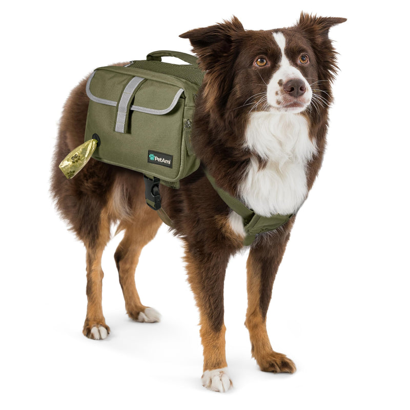 PetAmi Dog Backpack for Medium & Large Dogs, Saddle Bag for Dogs to Wear for Hiking, Pet Backpack Harness Dog Pack with Reflective Side Pockets for Walking Running Olive Canvas - PawsPlanet Australia