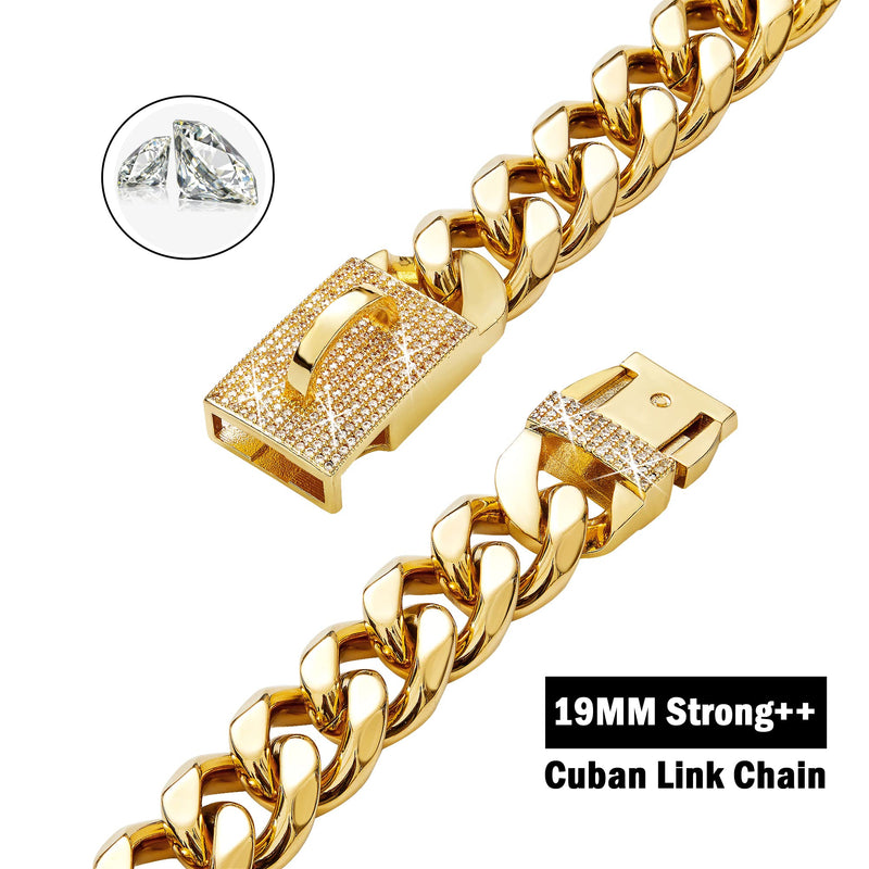 New Gold Dog Chain Collar with Bling Zircon Buckle,19MM Strong Stainless Steel Cuban Link Chain Collar,Dog Necklace Collar for Small Medium,Large Dogs Diamond Gold 22 Inch - PawsPlanet Australia