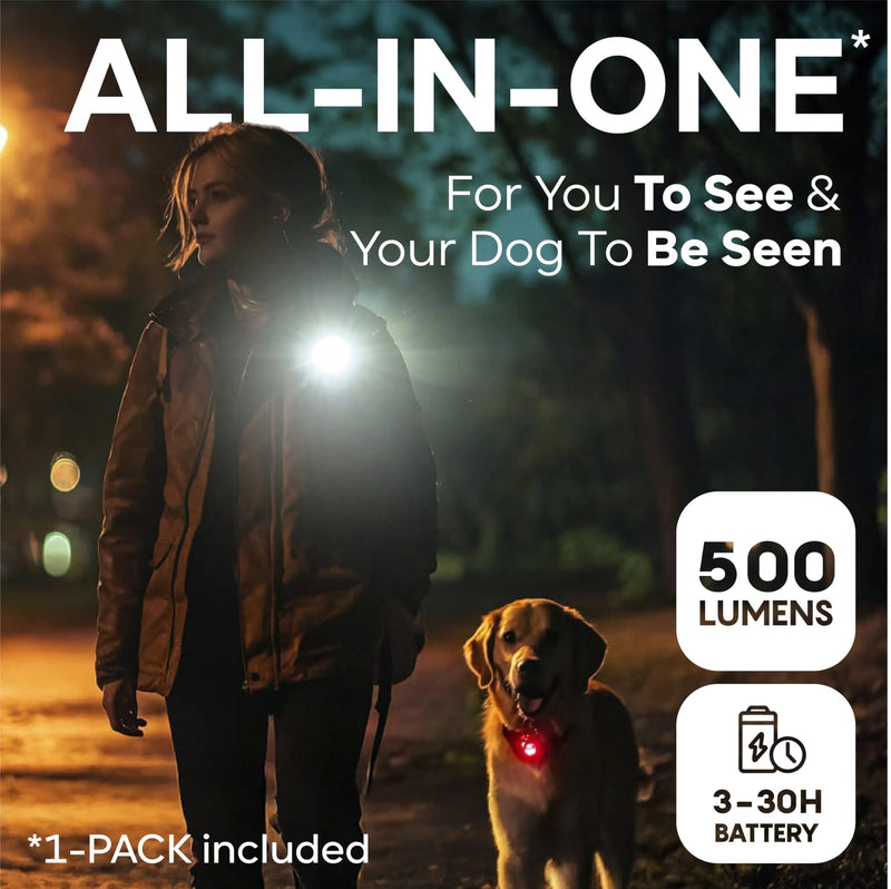 Dog Collar Light (1 Pack), Powerful 500 Lumens Dog Lights for Night Walking, New Generation Rechargeable Reflective Dog Light - Dog Hiking Gear - PawsPlanet Australia