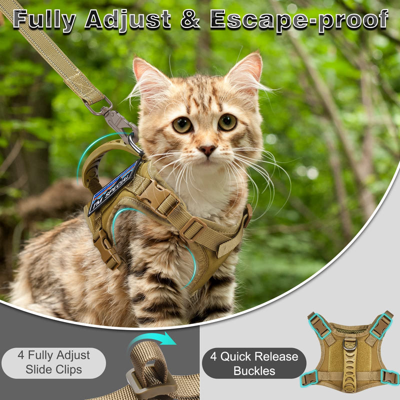 Tactical Cat Harness and Leash for Walking Esacpe Proof,Adjustable Soft Mesh Large Cat Vest with Rubber Handle Easy to Control,Molle Pathes L A-khaki - PawsPlanet Australia