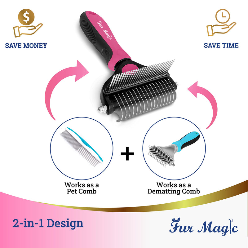 Fur Magic Deshedding and Dematting Comb Double Sided Undercoat Rake Pet Grooming Brush Removing Mats, Knots & Tangles for Dogs and Cats with Long and Medium Hair, Pink