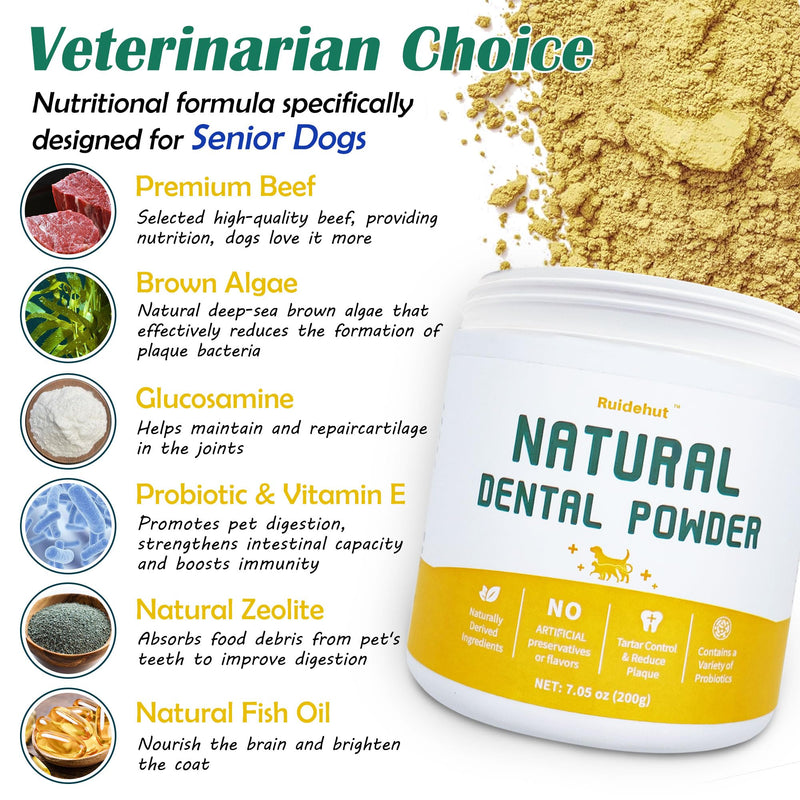 Senior Dog Dental & Supplement Powder - Contains Vitamin E, Glucosamine, Omega-3 and Probiotics - Effectively Removes Tartar Buildup, Supports Your Dog's Dental, Joint, and Digestive Health, 7 oz Beef Flavor 7.05 oz (200g)