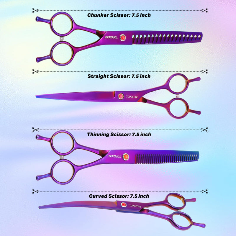 TOPGOOSE Dog Grooming Scissors Kit, Professional 6 in 1 Pet Scissors Sharp Shears Set - Straight, Thinning, Chunker, Curved Shears and Comb for Long Short Hair for Dog Cat (Set, Purple)
