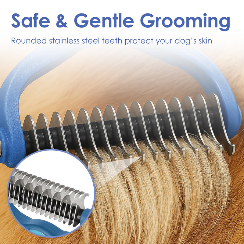AKC-Dog & Cat Detangle Rake Style Brush | Durable & Effective | Anti- Slip & Easy Maintenance | Portable & Easy to Use | Stainless Steel Blades & Safety Guard | Detangling and Dematting Comb for Pets