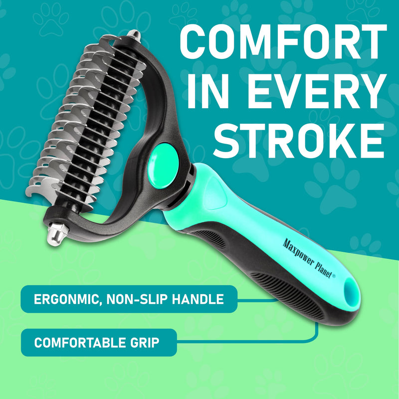Maxpower Planet Hair Brush - Double Sided Shedding, Dematting Undercoat Rake for Dogs and Cats - Extra Wide Dog Grooming Brush, Reduce Shedding by 95%, Turquoise (Pack of 2) - PawsPlanet Australia
