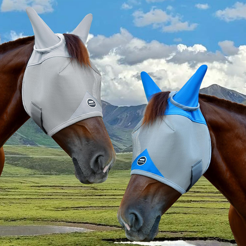 Horse Fly Mask, Adjustable Fly Masks for Horses with Ears, Breathable and 70% UV Protection, Comfort Mesh Without Nose Cover, Horses Accessories (Grey, Blue, Large)