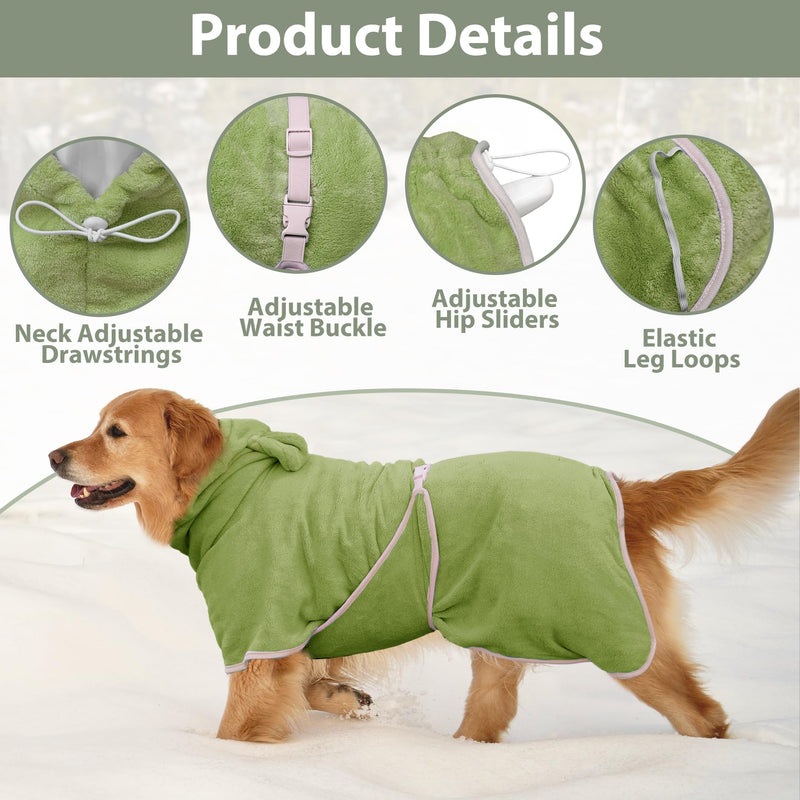 Dog Bathrobe Super Absorbent Towel Robe - Microfiber Bath Towels Fast Drying Coat for Dogs, Cute Dogs Clothes Adjustable Collar & Belly Strap Warm Keeping Hooded Dog Towel (Olive Green, X-Large) Olive Green - PawsPlanet Australia