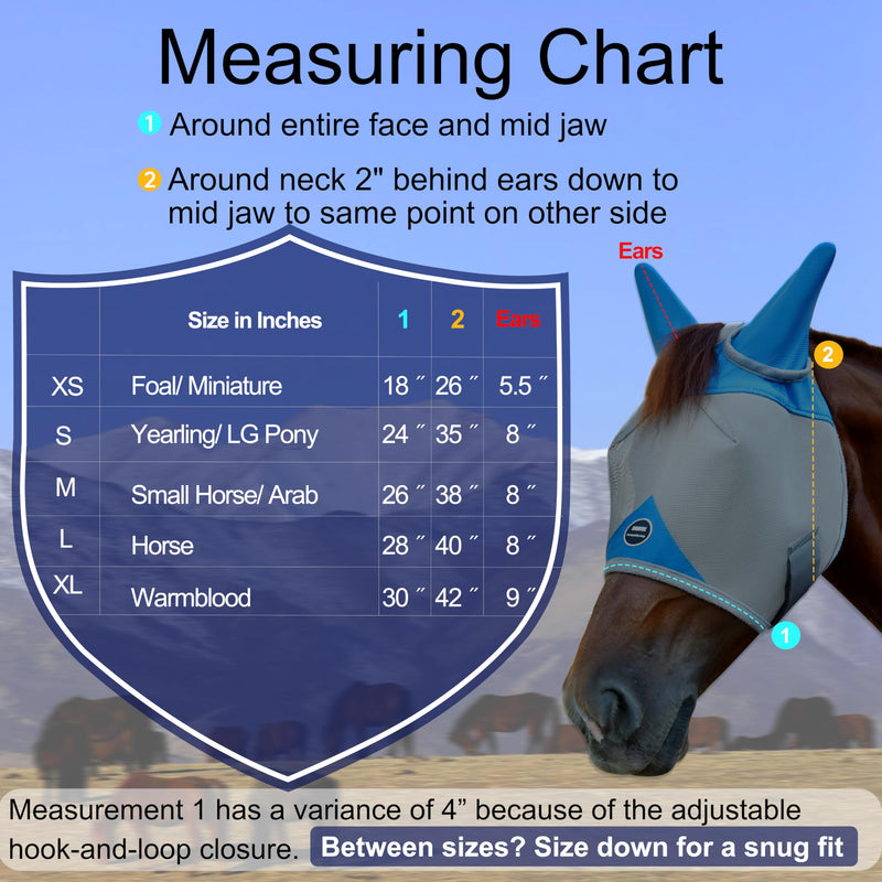 Horse Fly Mask, Adjustable Fly Masks for Horses with Ears, Breathable and 70% UV Protection, Comfort Mesh Without Nose Cover, Horses Accessories (Grey, Blue, Large)