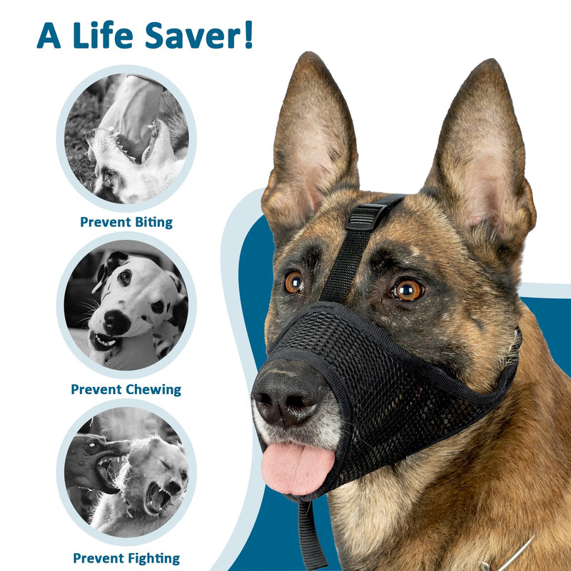 LUCKYPAW Dog Muzzle, Mesh Muzzle for Large Medium Small Dogs, Soft Dog Muzzle to Prevent Biting Chewing with Adjustable Head Strap, Allows Panting and Drinking, Perfect for Vet Visit Black L