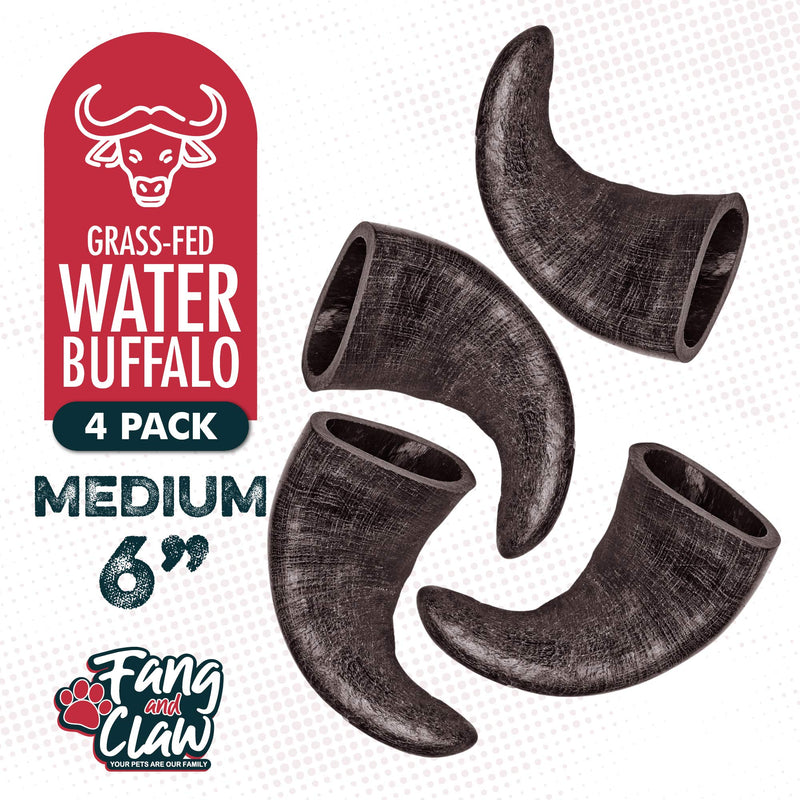 Water Buffalo Horn Dog Chew 4 Pack (Medium 6 Inch), Long-Lasting Natural Chews for Aggressive Chewers, Single-Ingredient, No Rawhide 4 Horns - Medium 6" - PawsPlanet Australia