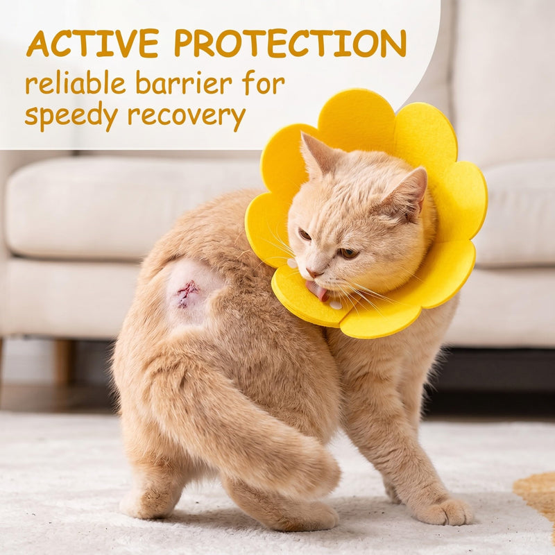 Yellow cat neck collar, 1 piece. Soft lick protection collar for cats 6-9 kg, Elizabethan neck collar with sunflower design. Post-surgery use.